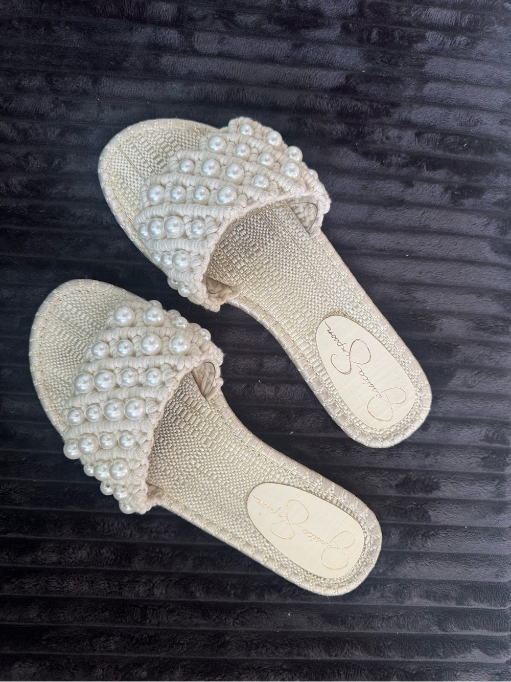 Jessica Simpson Pearl-Embellished Cream Slide Sandals